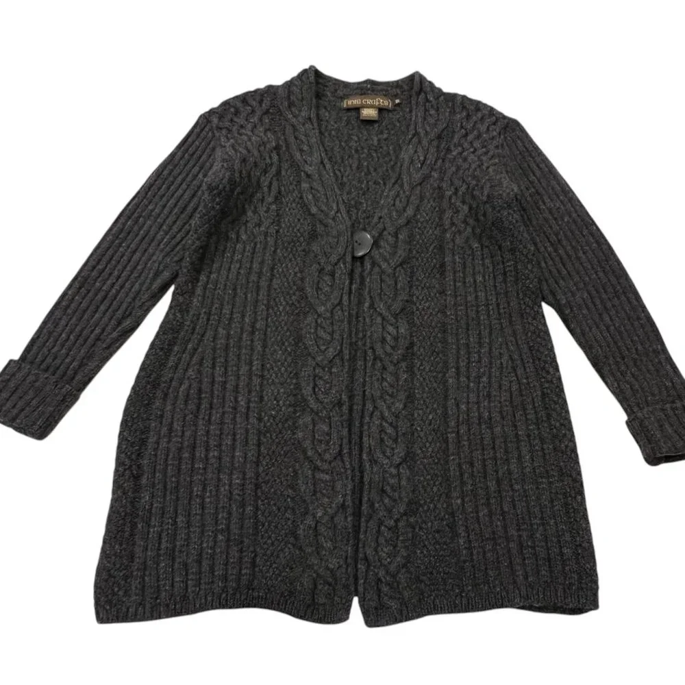 Inis Crafts Ireland Long Wool Cable Cardigan, Charcoal, M
